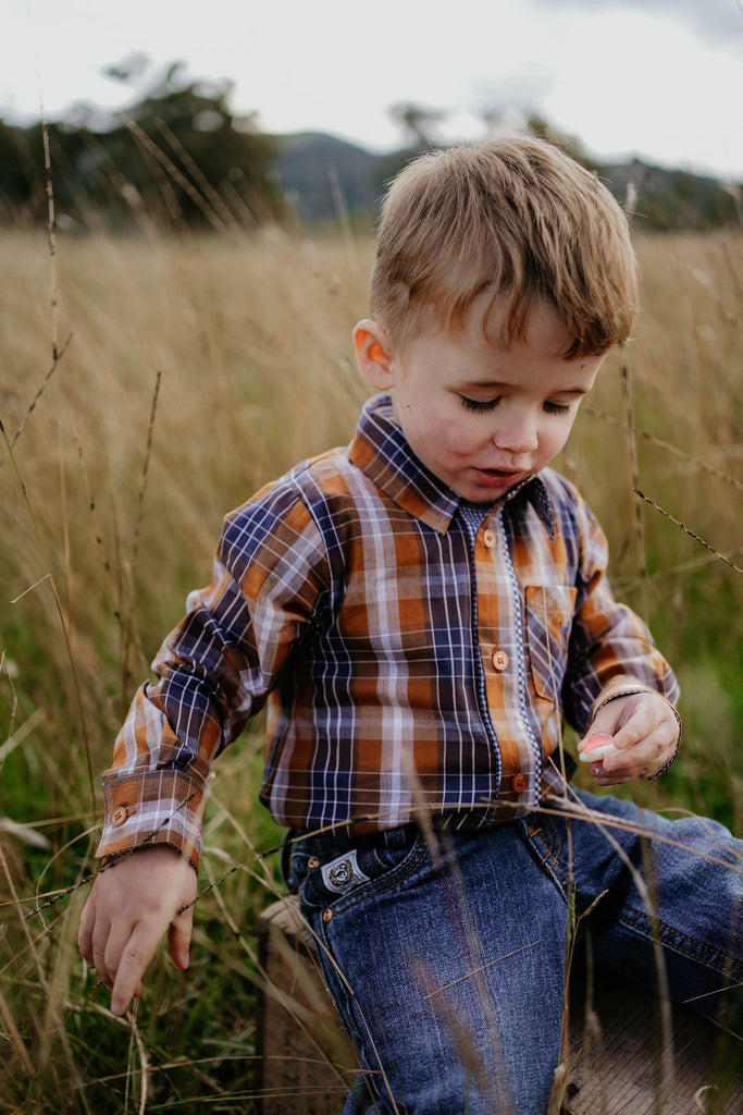 "TJ Baby" Brown Checked Long Sleeve Romper-Little Windmill Clothing Co