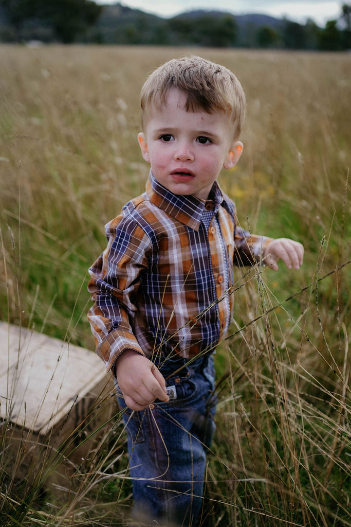 "TJ Baby" Brown Checked Long Sleeve Romper-Little Windmill Clothing Co