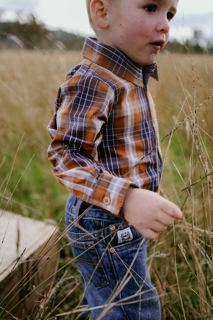 "TJ Baby" Brown Checked Long Sleeve Romper-Little Windmill Clothing Co