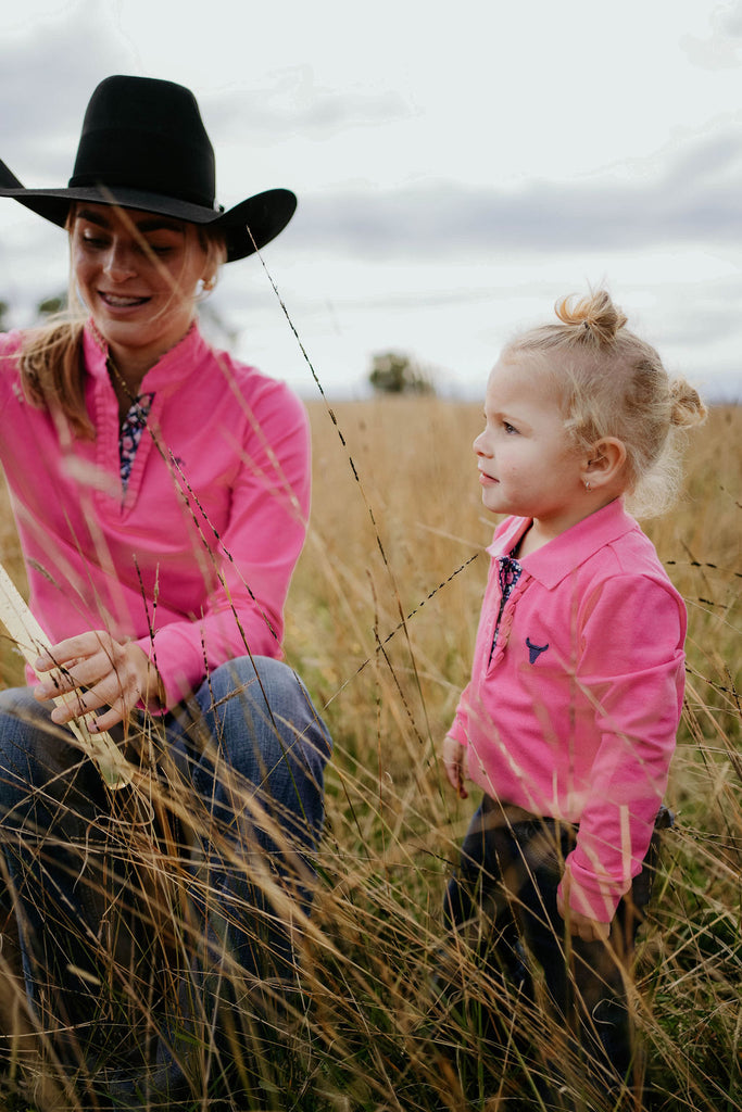 "Hallie Baby" Raspberry Pink Contrast Long Sleeve Baby Polo Romper-Little Windmill Clothing Co