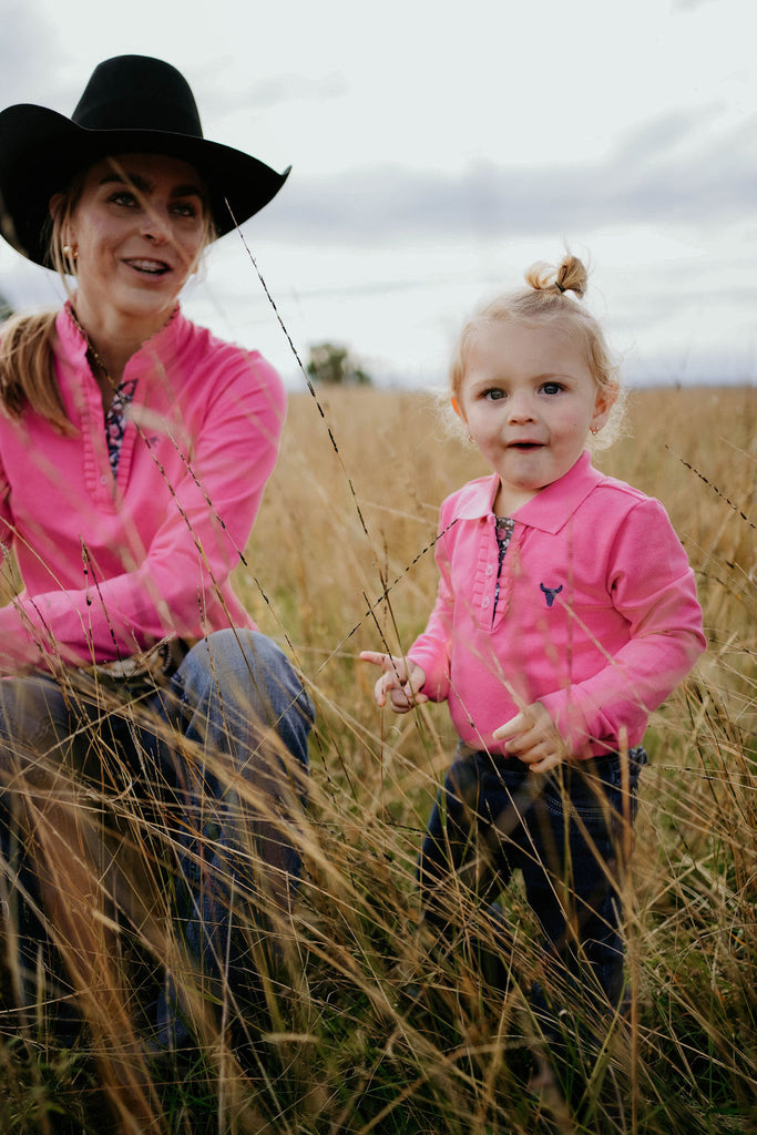 "Hallie Baby" Raspberry Pink Contrast Long Sleeve Baby Polo Romper-Little Windmill Clothing Co