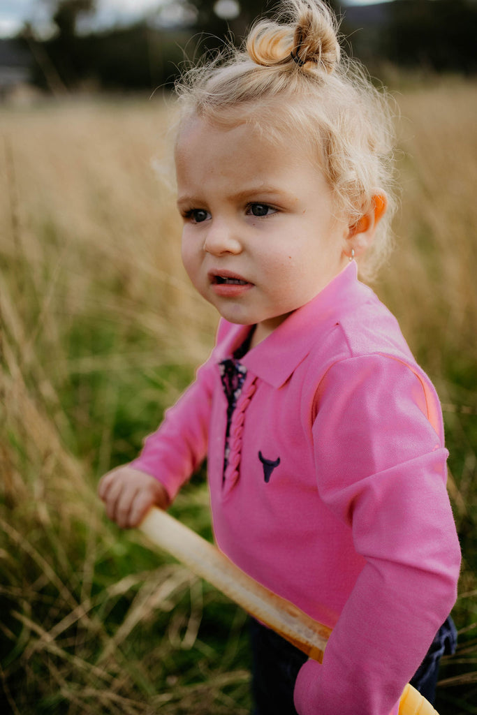 "Hallie Baby" Raspberry Pink Contrast Long Sleeve Baby Polo Romper-Little Windmill Clothing Co