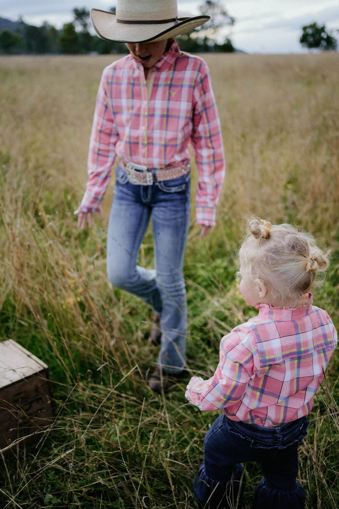 "Zara Jnr" Pink Pop Check Ruffle Collar Long Fronted Ruffle Shirt-Little Windmill Clothing Co