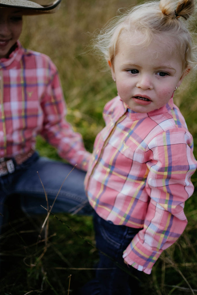 "Zara" Pink Pop Check Ruffle Collar Long Sleeve Romper-Little Windmill Clothing Co