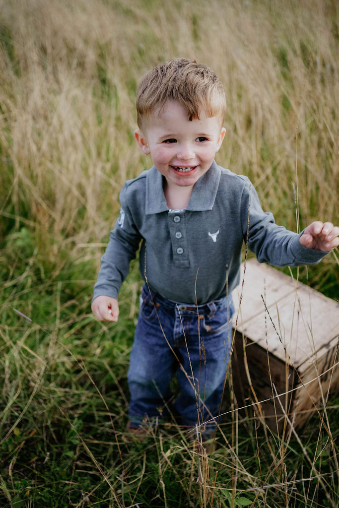 "Logan Baby" Grey Sky Contrast Baby Polo Romper-Little Windmill Clothing Co