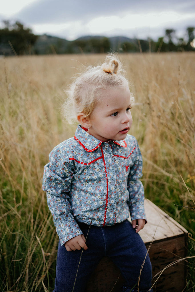 "Paris Baby" Floral Blues and Red Collar Long Sleeve Romper-Little Windmill Clothing Co