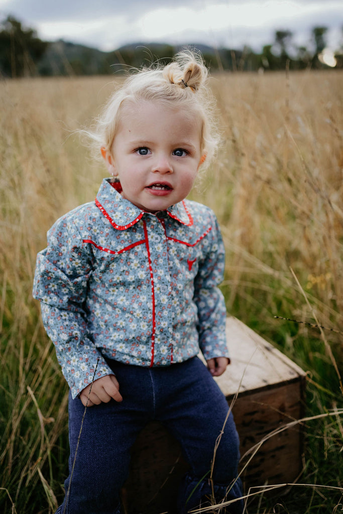 "Paris Baby" Floral Blues and Red Collar Long Sleeve Romper-Little Windmill Clothing Co