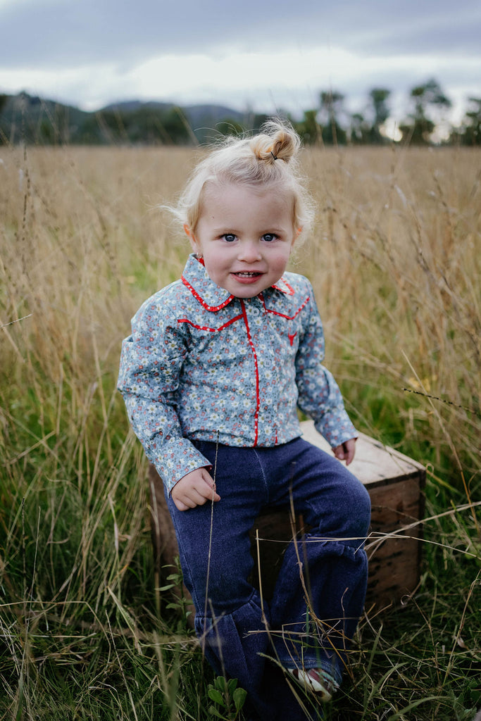 "Paris Baby" Floral Blues and Red Collar Long Sleeve Romper-Little Windmill Clothing Co