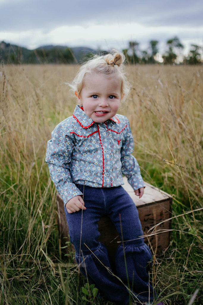 "Paris Jnr" Floral Blues and Red Western Yoke Long Sleeve Shirt-Little Windmill Clothing Co