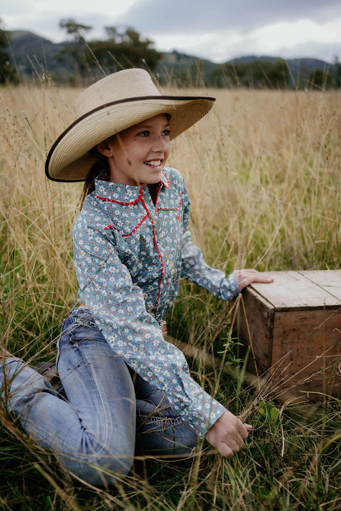 "Paris Jnr" Floral Blues and Red Western Yoke Long Sleeve Shirt-Little Windmill Clothing Co