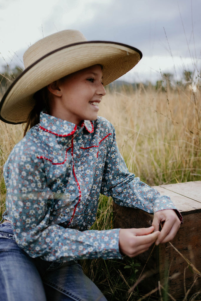 "Paris Jnr" Floral Blues and Red Western Yoke Long Sleeve Shirt-Little Windmill Clothing Co