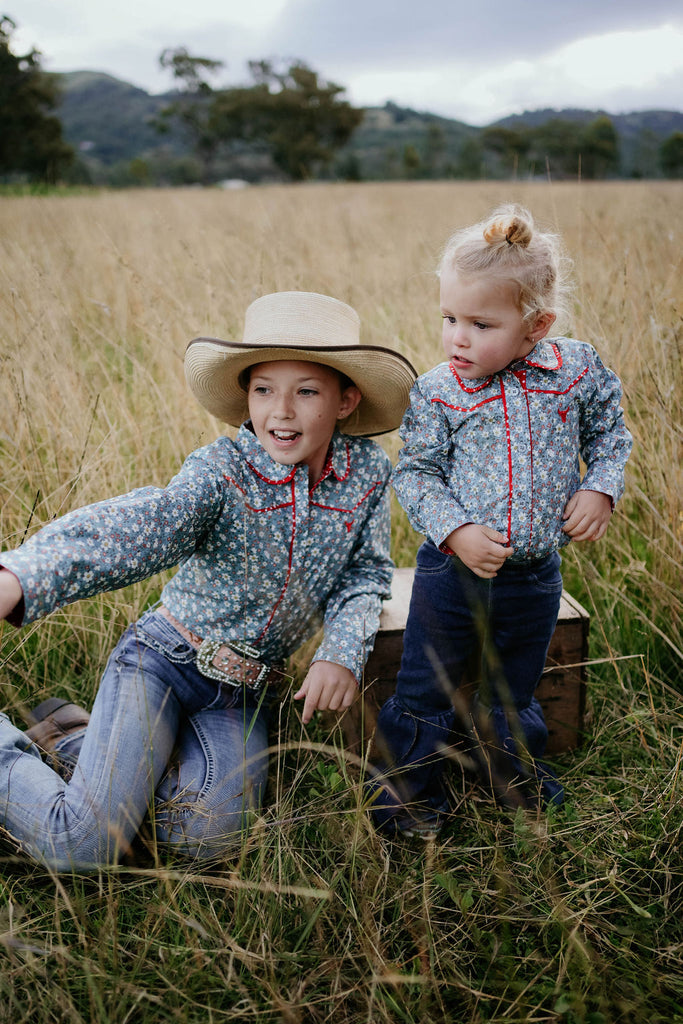 "Paris Baby" Floral Blues and Red Collar Long Sleeve Romper-Little Windmill Clothing Co