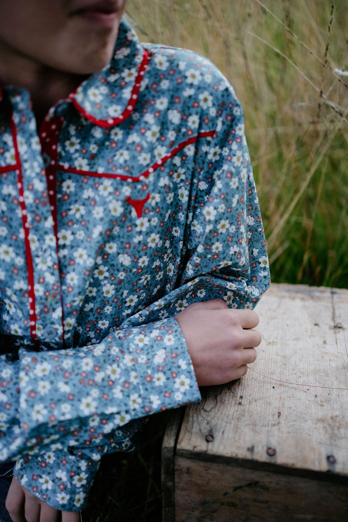 "Paris Jnr" Floral Blues and Red Western Yoke Long Sleeve Shirt-Little Windmill Clothing Co