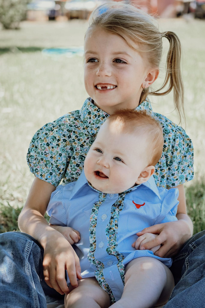 "Dasha" Soft Baby Blue gingham Short Sleeve Romper-Little Windmill Clothing Co