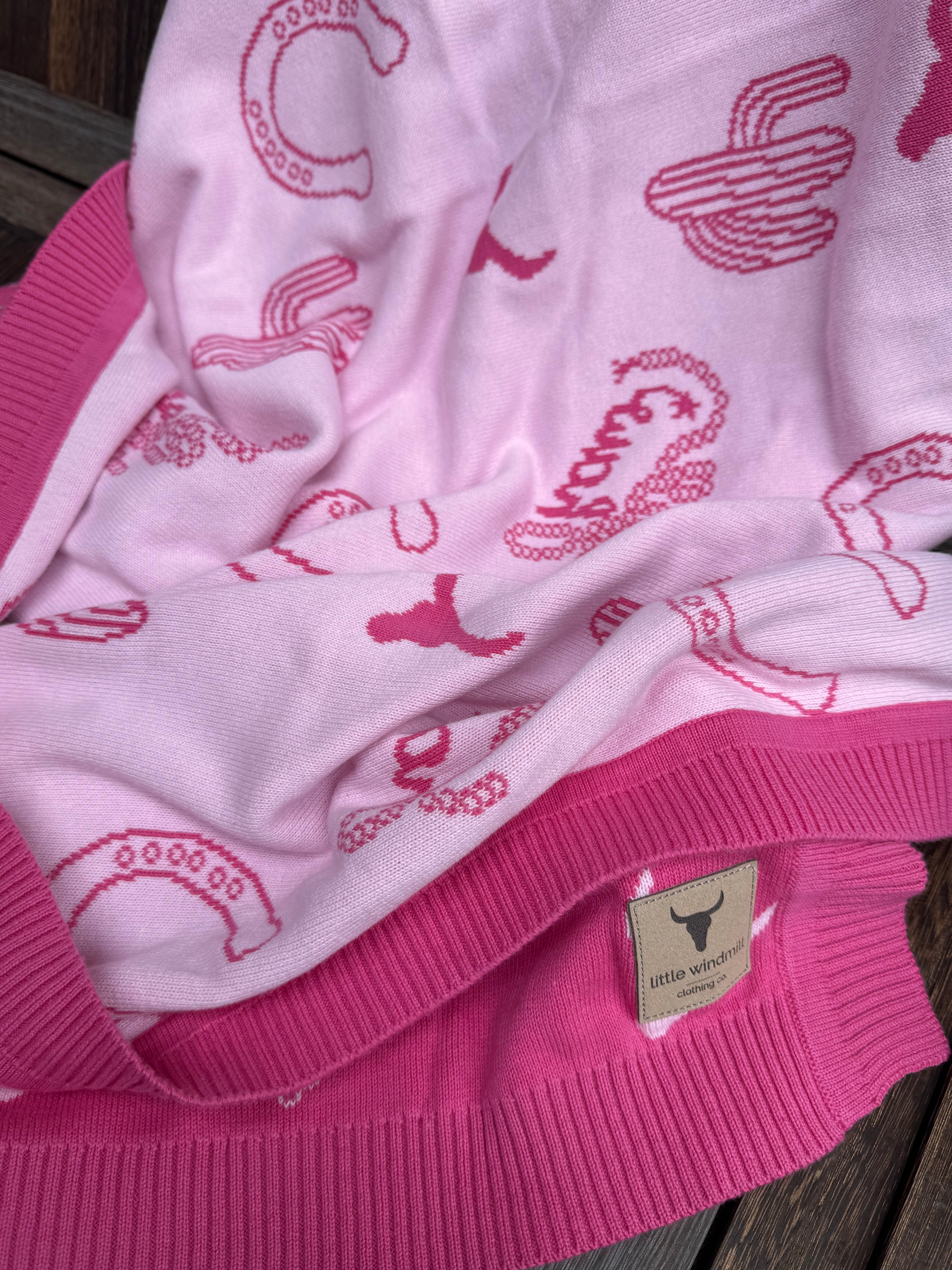 LWCC knit baby blanket duo showing candy pink cotton knit blanket