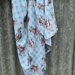 Teal cowgirl jersey organic cotton swaddle showing soft teal cowgirl print on 100% organic cotton