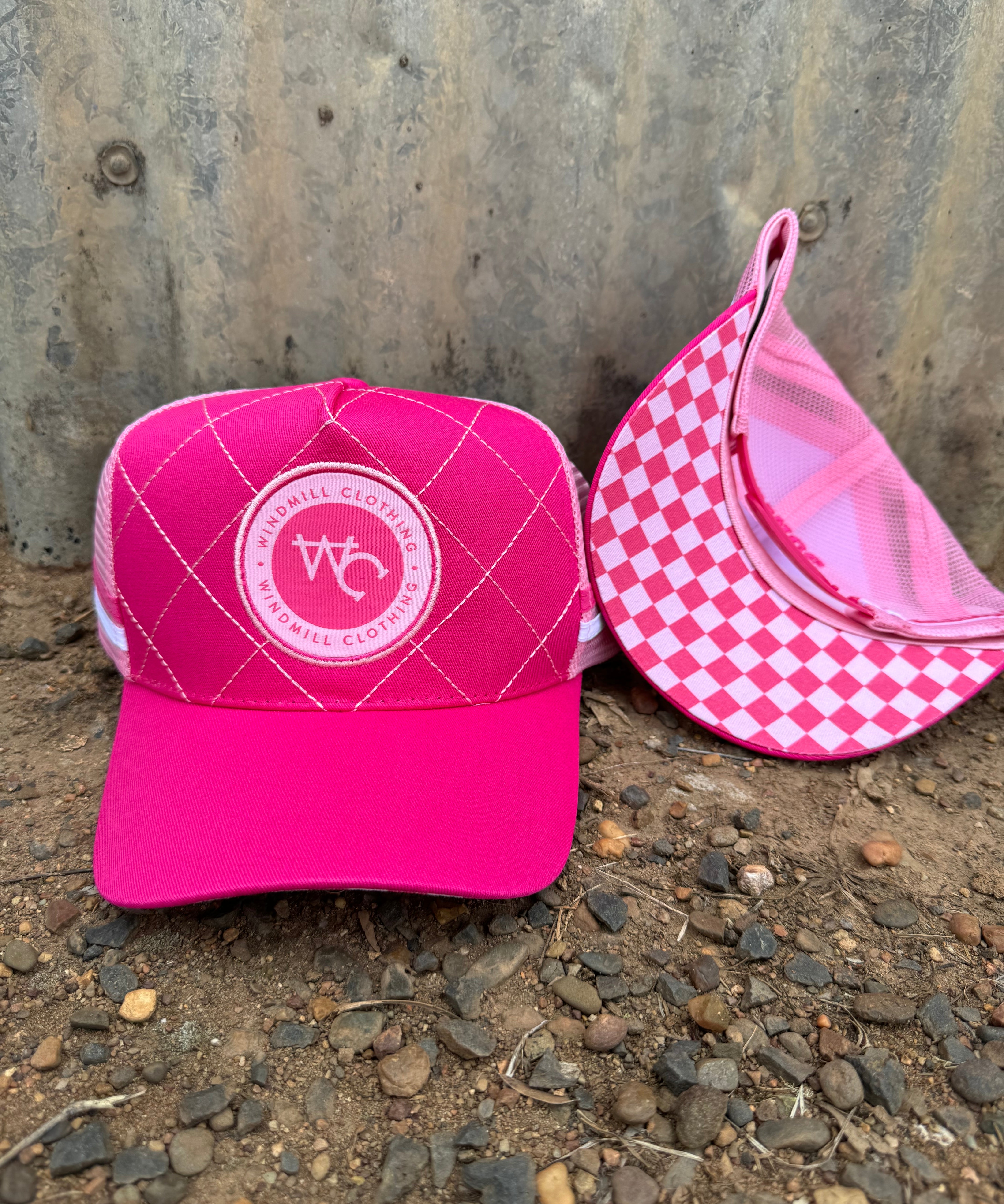 Hot pink quilted cap side profile showing structured quilted design and comfortable brim