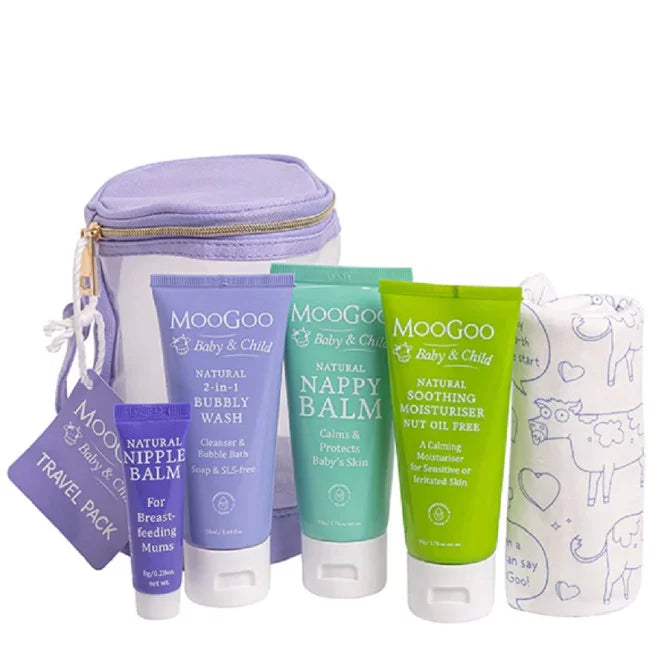 MooGoo Baby Travel Pack with travel-size baby skincare products and soft cotton cloth