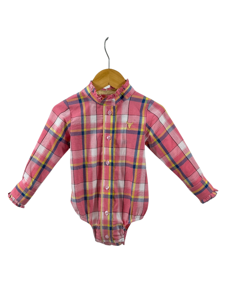 "Zara" Pink Pop Check Ruffle Collar Long Sleeve Romper-Little Windmill Clothing Co