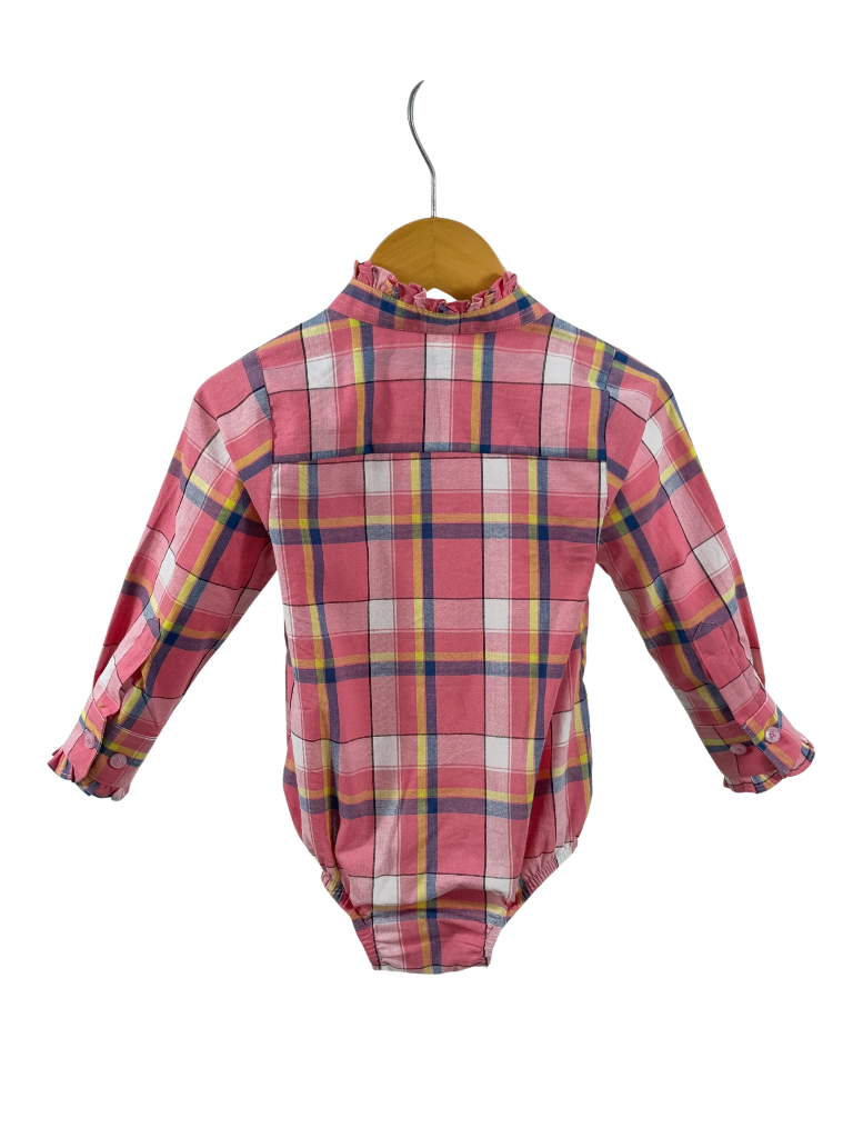 "Zara" Pink Pop Check Ruffle Collar Long Sleeve Romper-Little Windmill Clothing Co