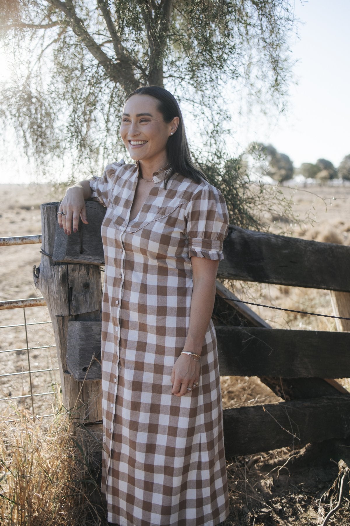 Ladies gingham maxi dress front view