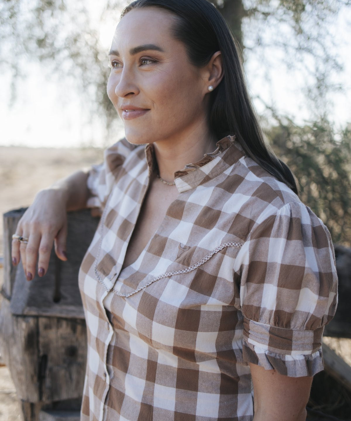 Gingham maxi dress yoke and collar detail