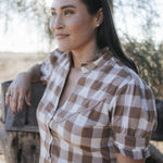 Gingham maxi dress yoke and collar detail