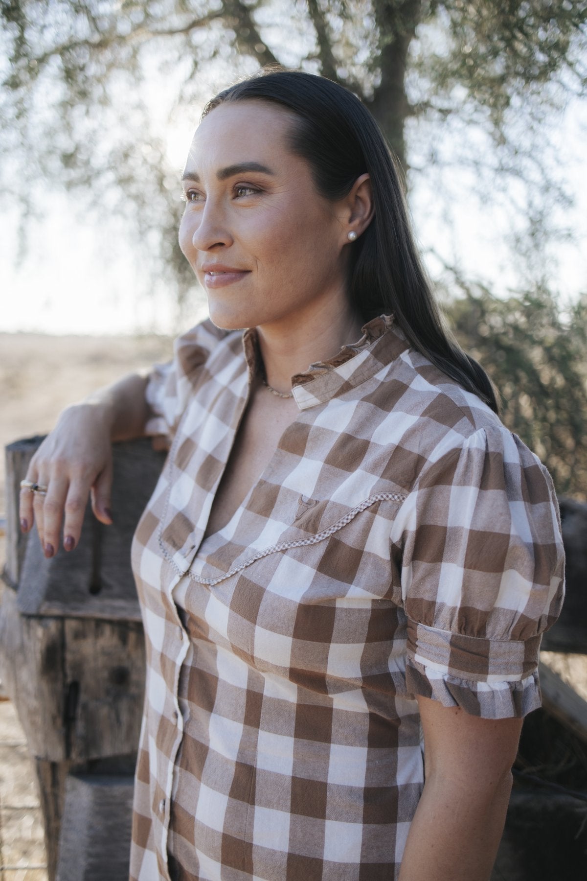 Gingham maxi dress yoke and collar detail