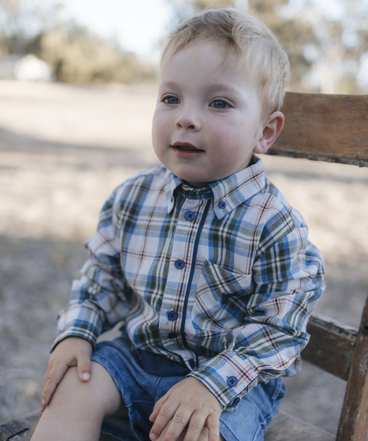 Toddler in blue plaid shirt