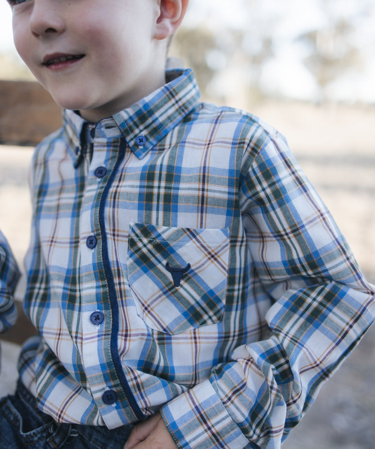 Blue plaid shirt with chest pocket