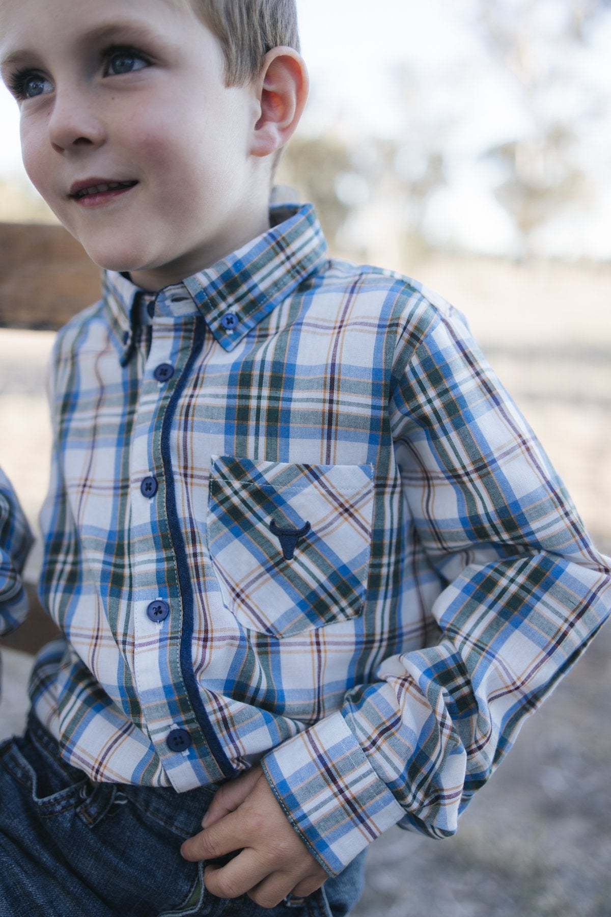 Blue plaid shirt with chest pocket