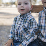 Blue plaid bodysuit with navy collar