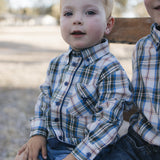 Blue plaid bodysuit with navy collar