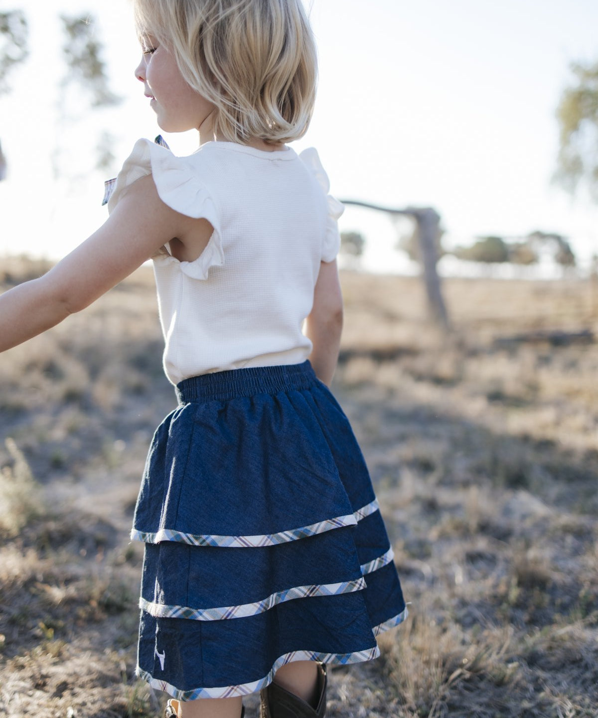 Girls three-tier denim skirt with plaid piping