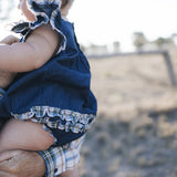 Denim romper with blue plaid frill sleeves