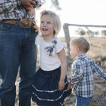 Denim tiered skirt with bull head embroidery