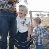 Denim tiered skirt with bull head embroidery