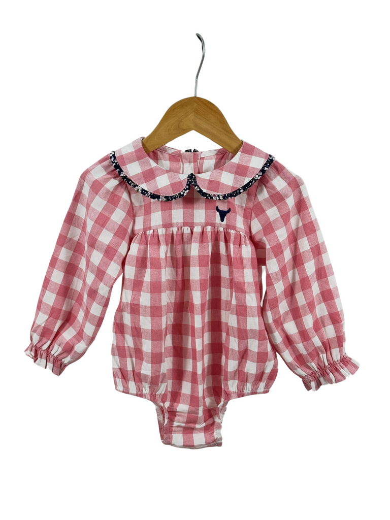 "River" Chucky Gingham Long Sleeve Bubble Romper-Little Windmill Clothing Co