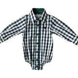 "Cody" Green and Navy Gingham Long Sleeve Romper-Little Windmill Clothing Co