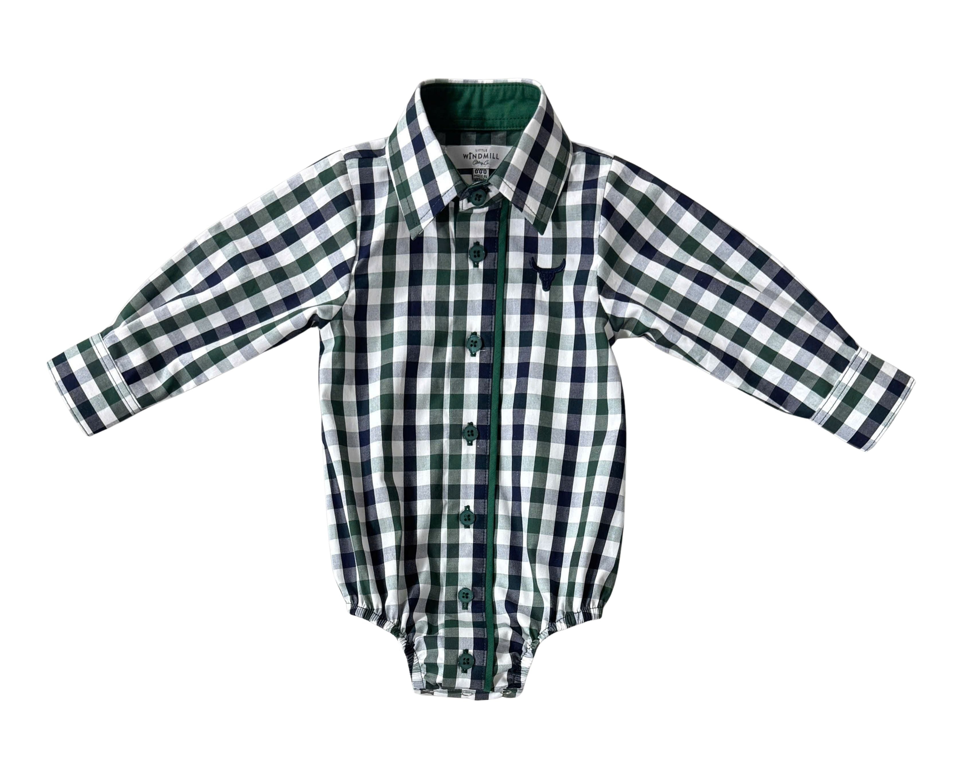 "Cody" Green and Navy Gingham Long Sleeve Romper-Little Windmill Clothing Co