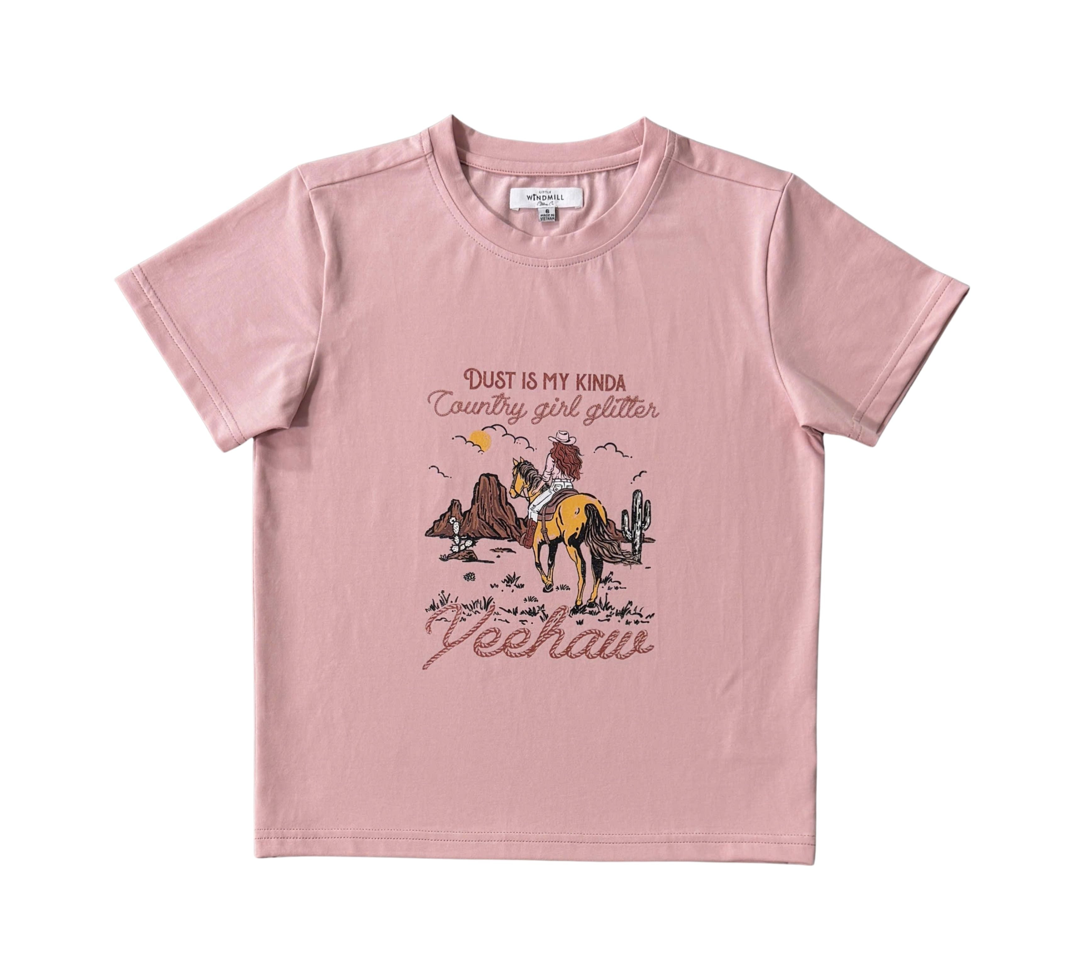 Country Girl Glitter Yeehaw graphic kids tee glitter detail close-up showing sparkle quality