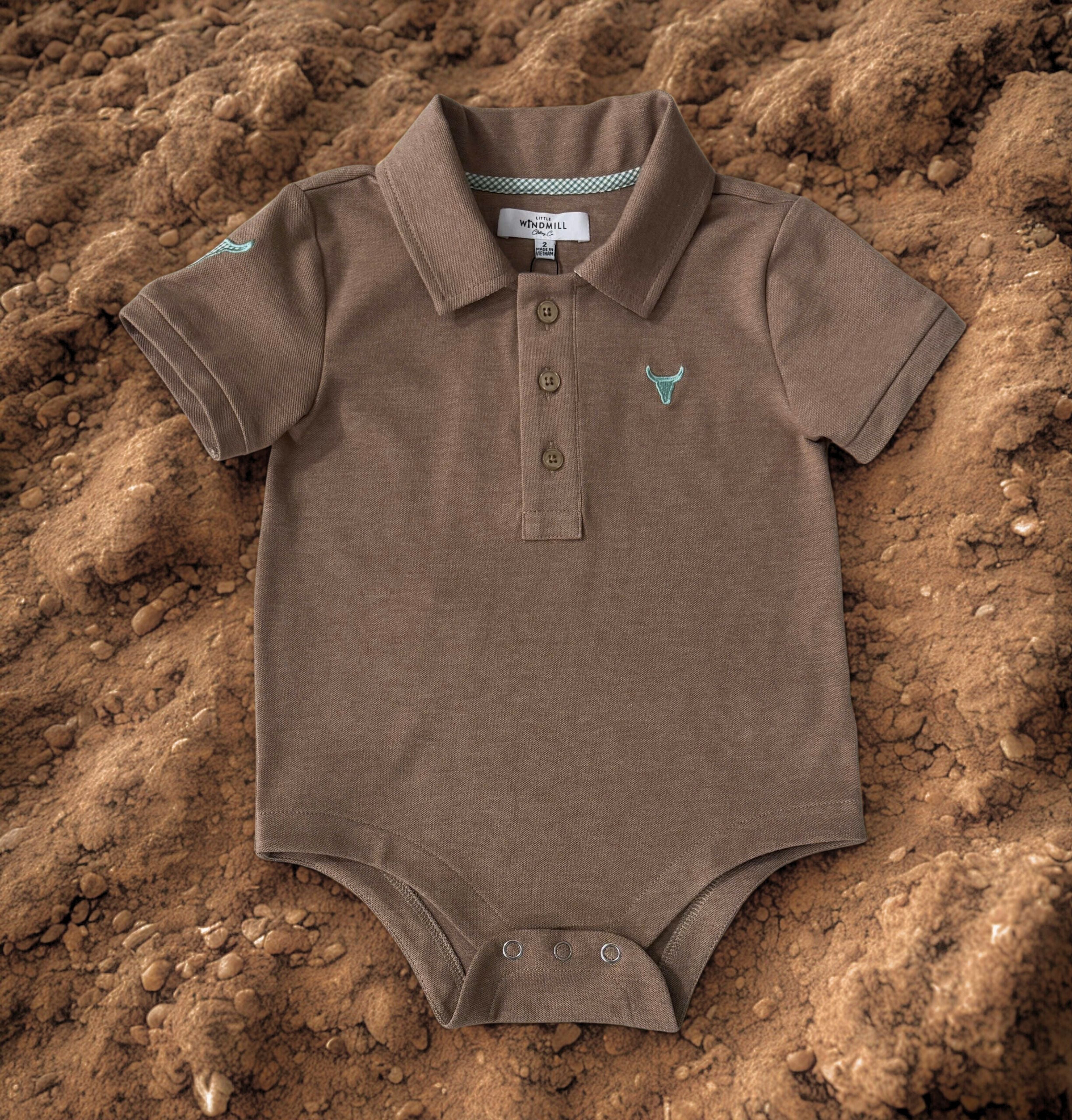 "Clay Baby" Caramel Baby Polo Romper-Little Windmill Clothing Co