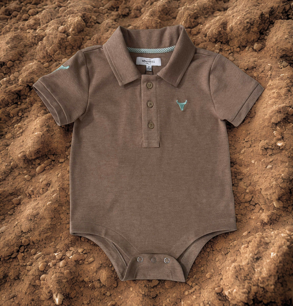 "Clay Baby" Caramel Baby Polo Romper-Little Windmill Clothing Co