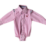 Lara multi stripe pink ruffle long sleeve romper worn by toddler showing adorable pink stripe country style