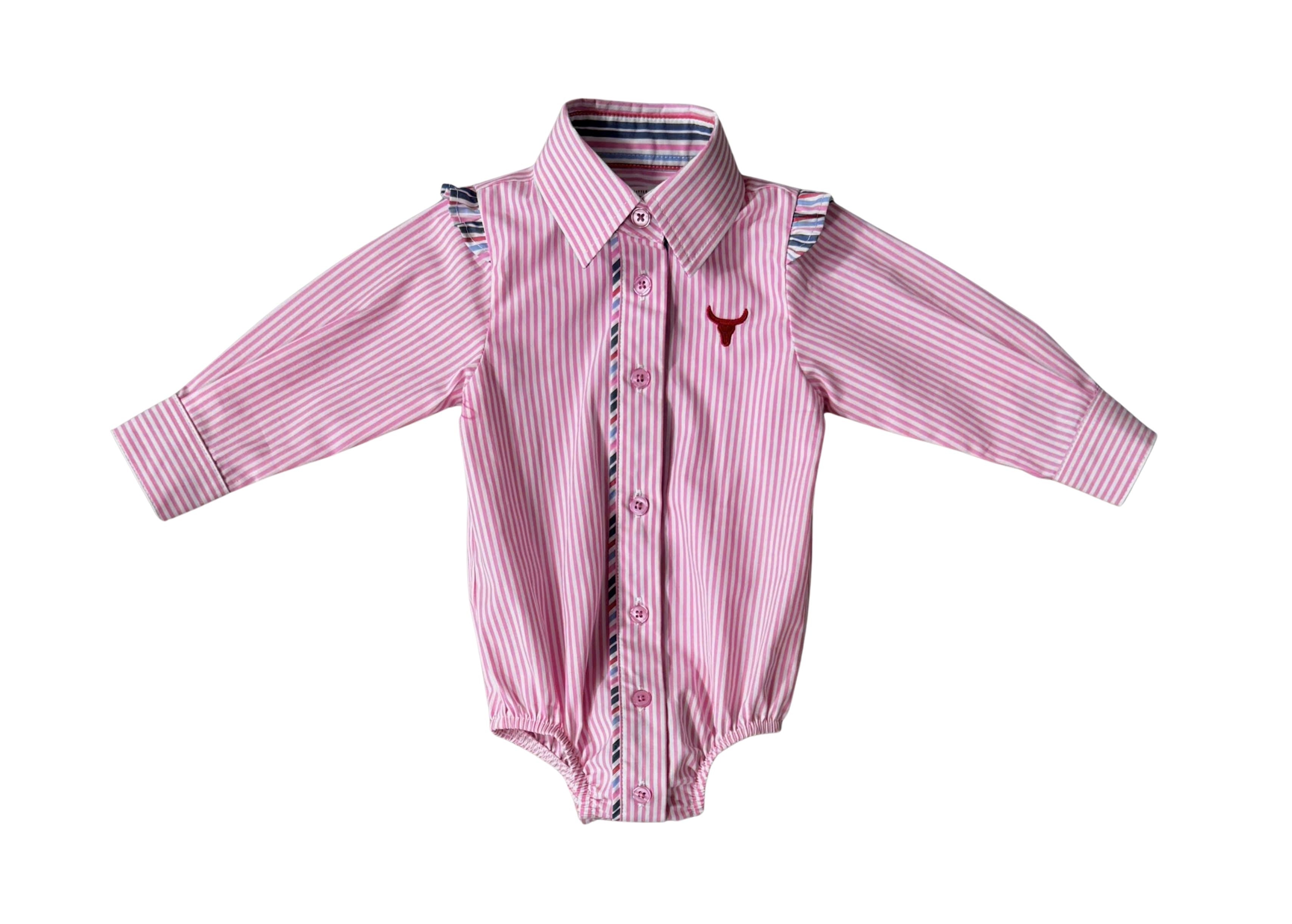 Lara multi stripe pink ruffle long sleeve romper worn by toddler showing adorable pink stripe country style