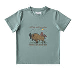 Free Range bison graphic kids tee side view showing relaxed kids tee silhouette