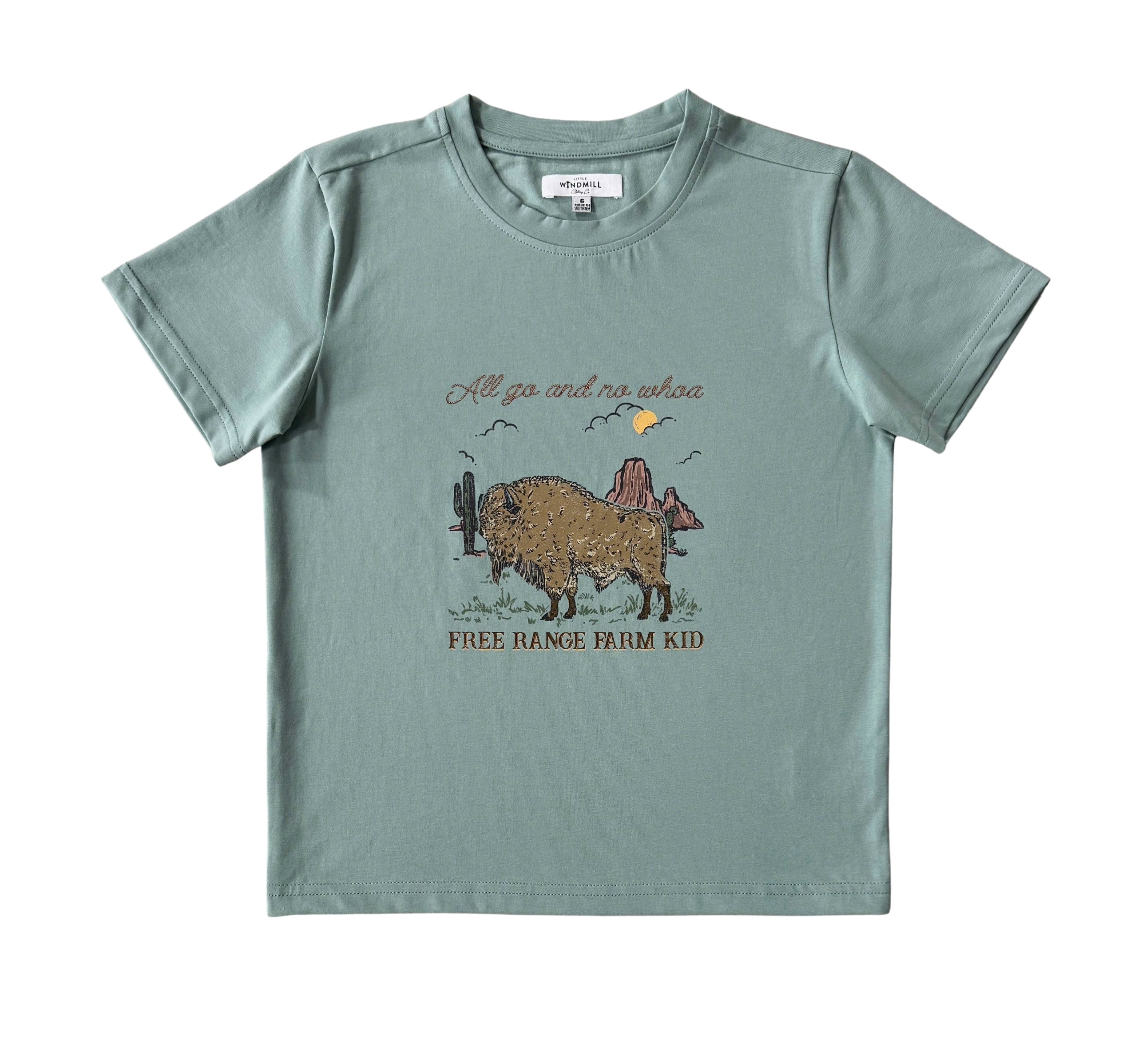 Free Range bison graphic kids tee side view showing relaxed kids tee silhouette