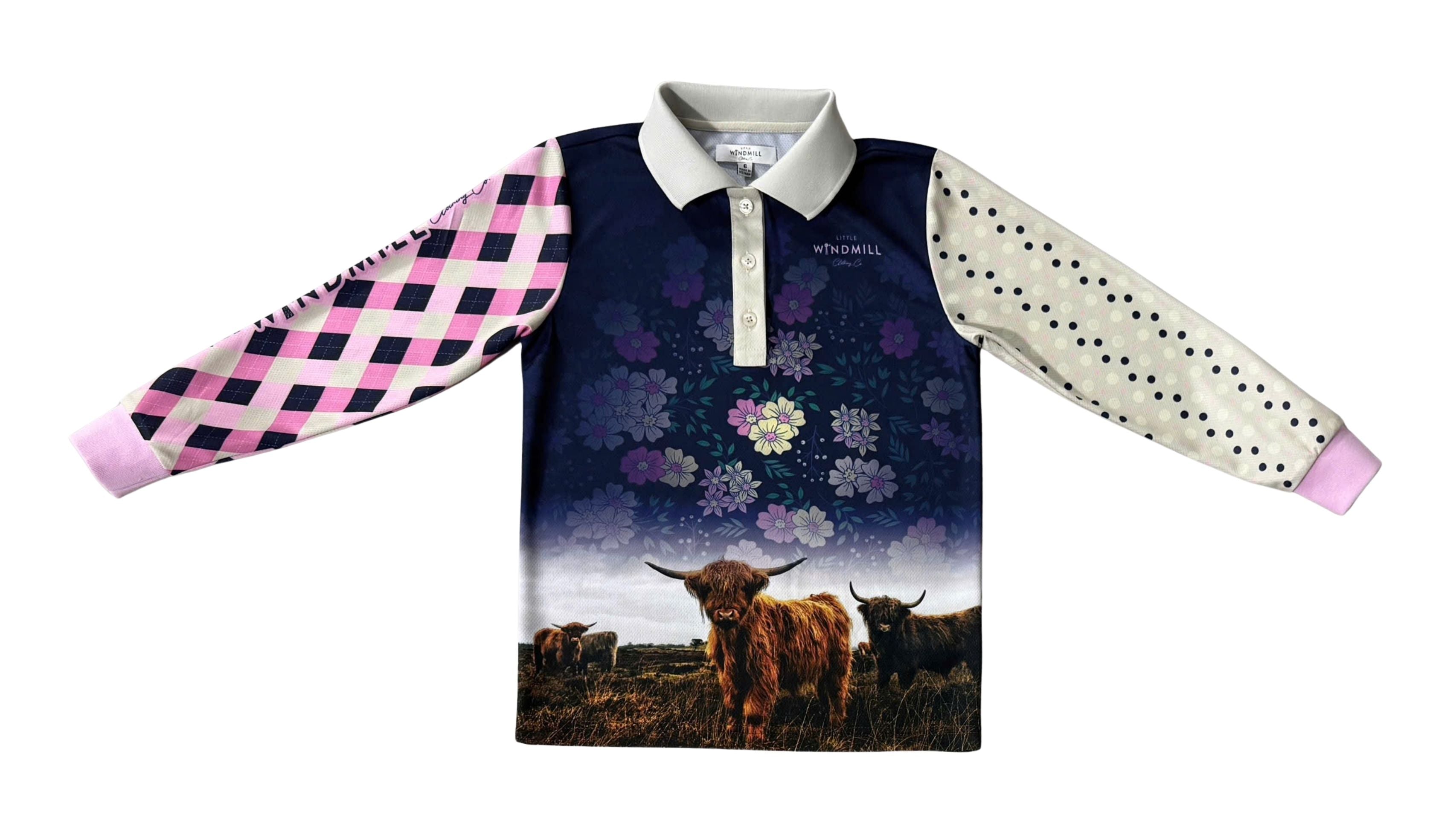 Highlander long sleeve fishing shirt print close-up showing detailed Highlander tartan pattern