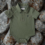 "Ky Baby" Khaki Green Baby Polo Romper-Little Windmill Clothing Co