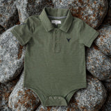 "Ky Baby" Khaki Green Baby Polo Romper-Little Windmill Clothing Co